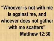 Jesus said: Whoever is not with me is against me, and whoever does not gather with me scatters